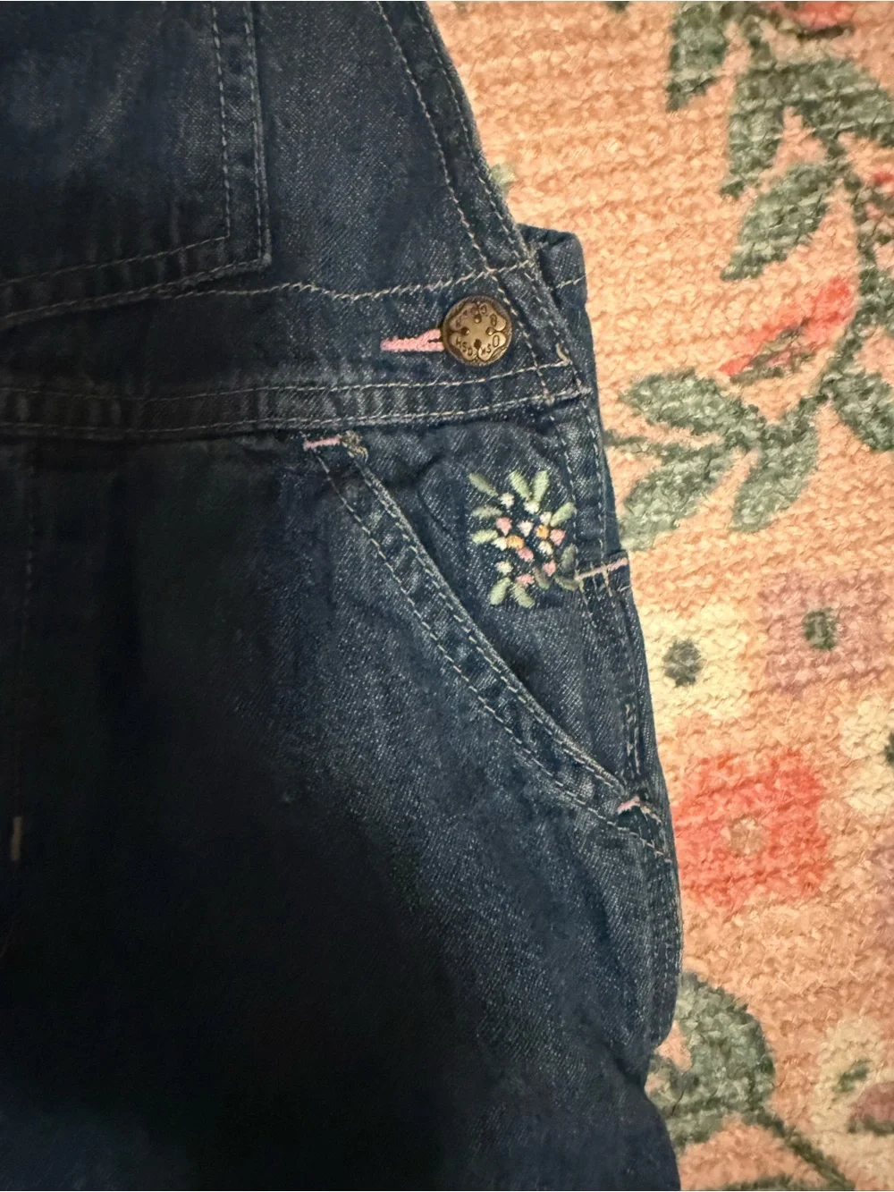 Vintage OshKosh B'gosh Navy Denim Overalls with Tiny Floral Embroidery